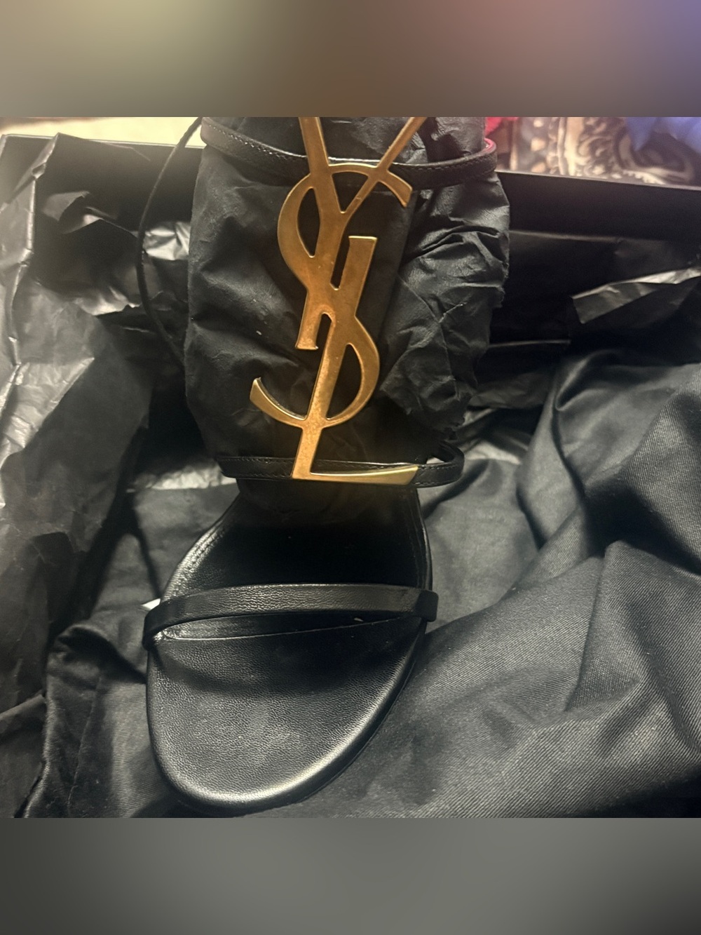 Saint Laurent Black Leather Stiletto Sandals with Gold YSL Emblem